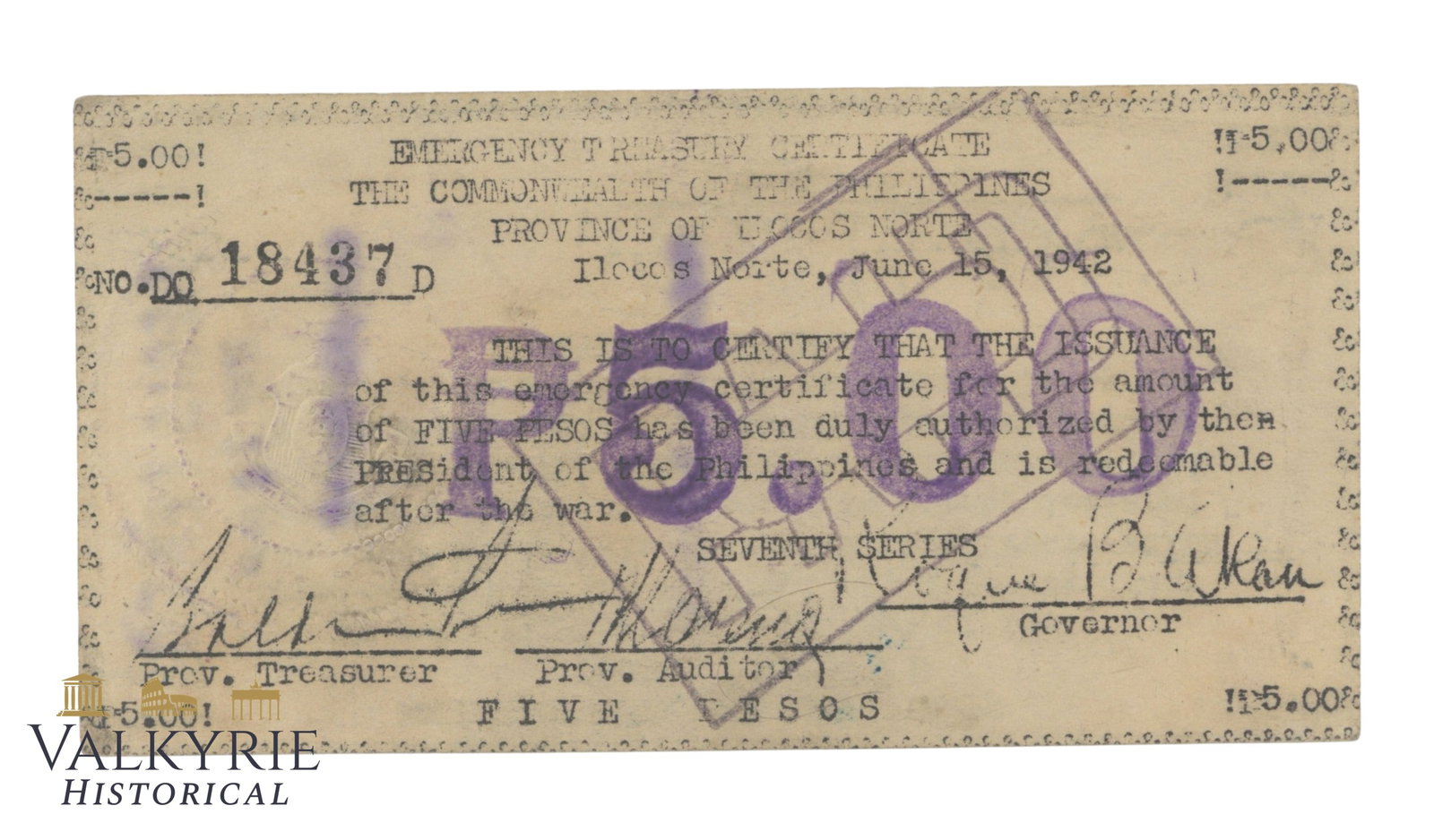 Philippines - Ilocos Norte, 5 Peso 1942, Pick S297, VF: Philippines - Ilocos Norte, 5 Peso 1942, Pick S297, VF. Shipping flat cost $25 it doesn't matter how many items you win. you pay just $25 for shipping.