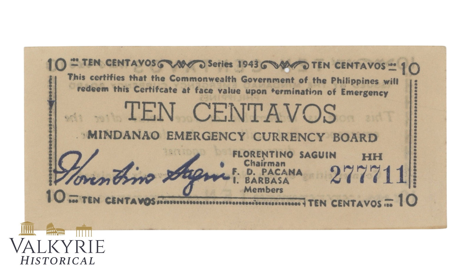 Philippines – Mindanao, 10 Centavos, 1943, Pick S502, XF/EF (1 of 2)