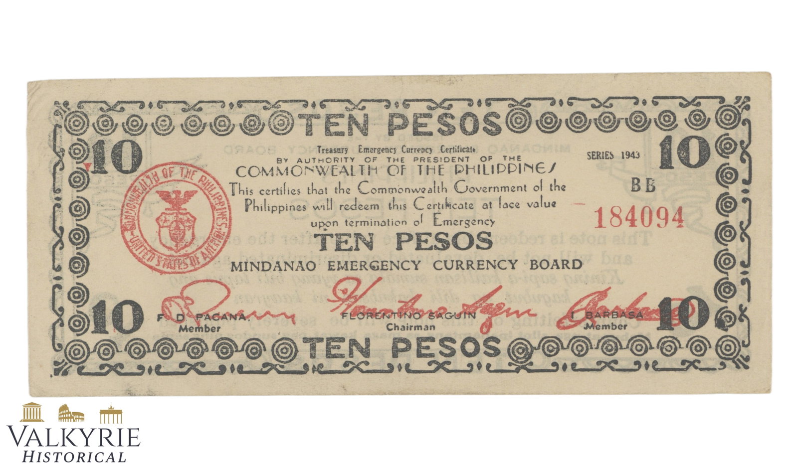 Philippines – Mindanao, 10 Pesos, 1943, Pick S508b, VF (1 of 2)