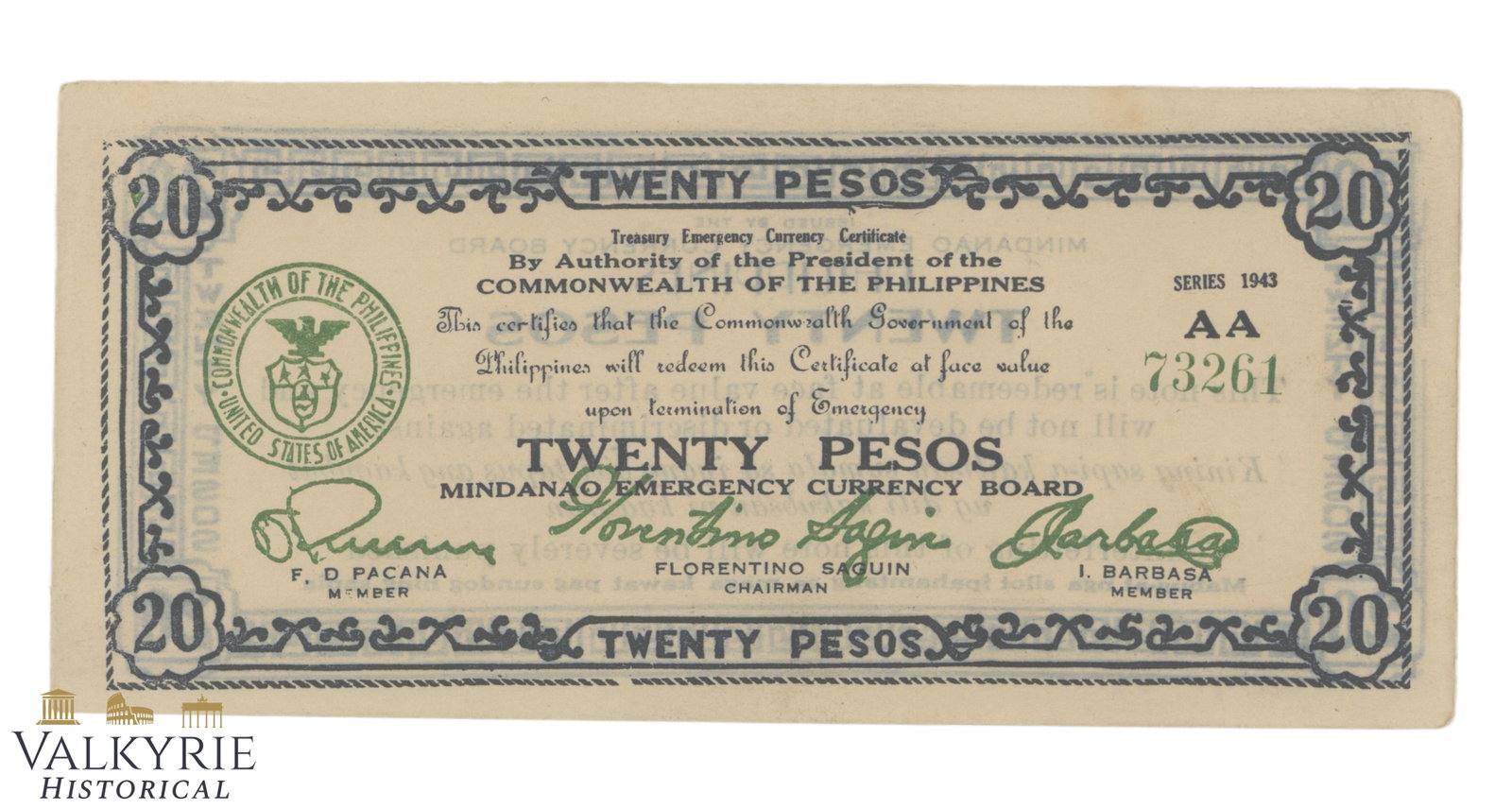 Philippines – Mindanao, 20 Pesos, 1943, Pick S509, VF+: Philippines – Mindanao, 20 Pesos, 1943, Pick S509, VF+ Shipping flat cost $25 it doesn't matter how many items you win. you pay just $25 for shipping.