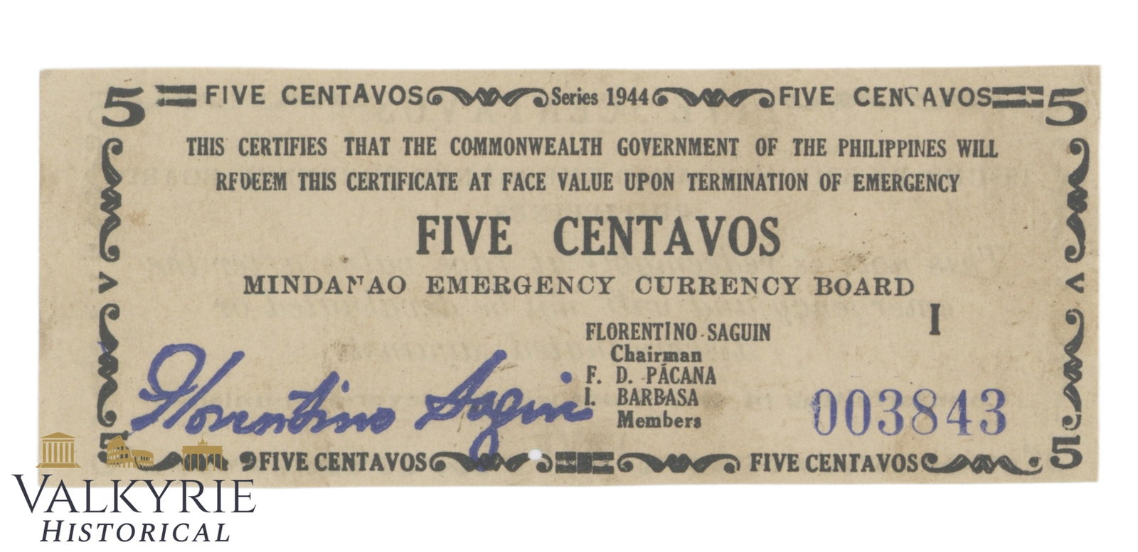 Philippines – Mindanao, 5 Centavos, 1944, Pick S511, VF+: Philippines – Mindanao, 5 Centavos, 1944, Pick S511, VF+ Shipping flat cost $25 it doesn't matter how many items you win. you pay just $25 for shipping.