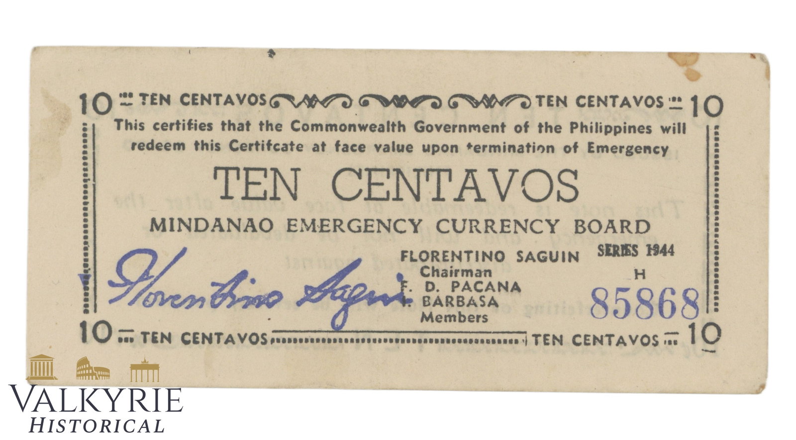 Philippines – Mindanao, 10 Centavos, 1944, Pick S512b, XF/EF: Philippines – Mindanao, 10 Centavos, 1944, Pick S512b, XF/EF Shipping flat cost $25 it doesn't matter how many items you win. you pay just $25 for shipping.