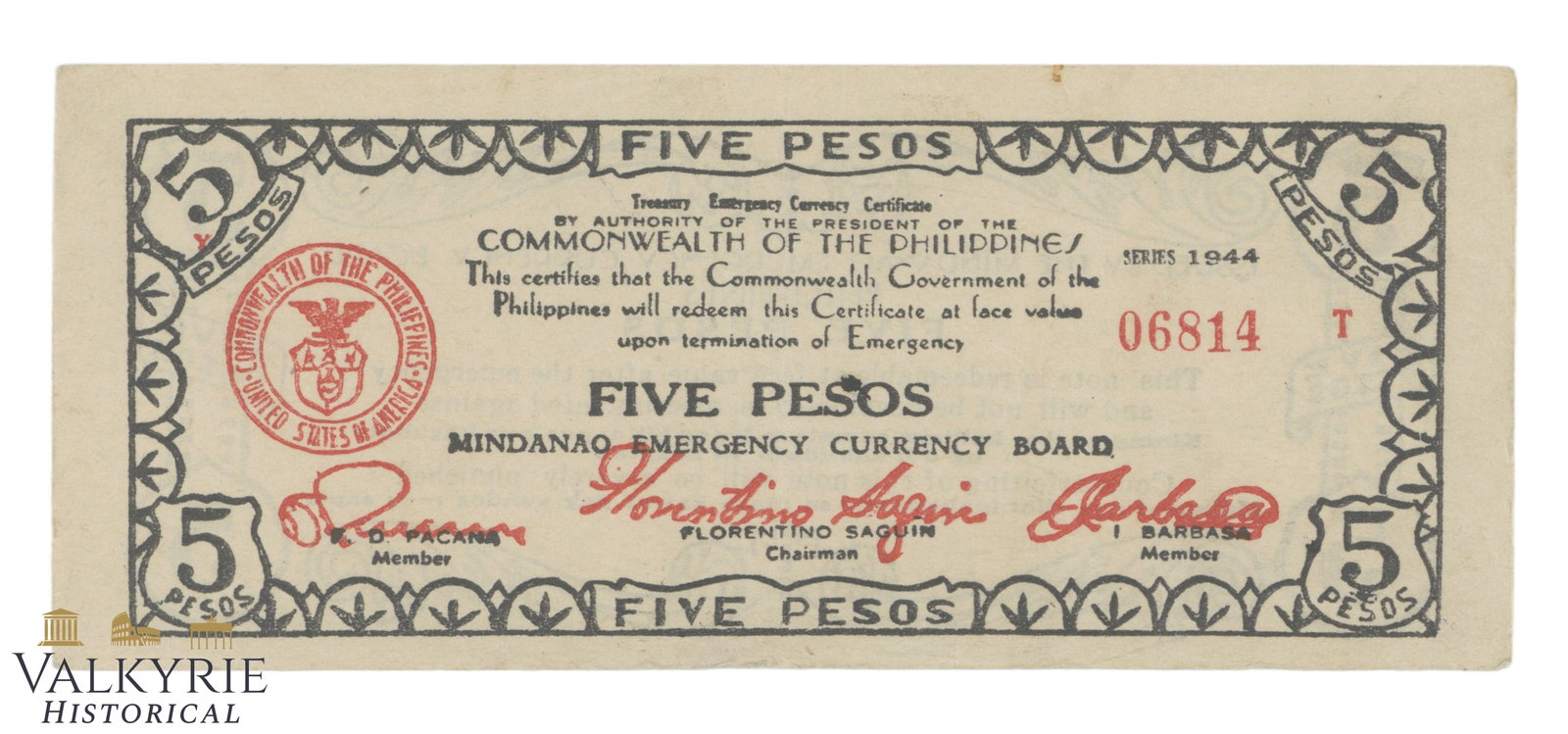 Philippines – Mindanao, 5 Pesos, 1944, Pick S525c, XF/EF: Philippines – Mindanao, 5 Pesos, 1944, Pick S525c, XF/EF . Shipping flat cost $25 it doesn't matter how many items you win. you pay just $25 for shipping.