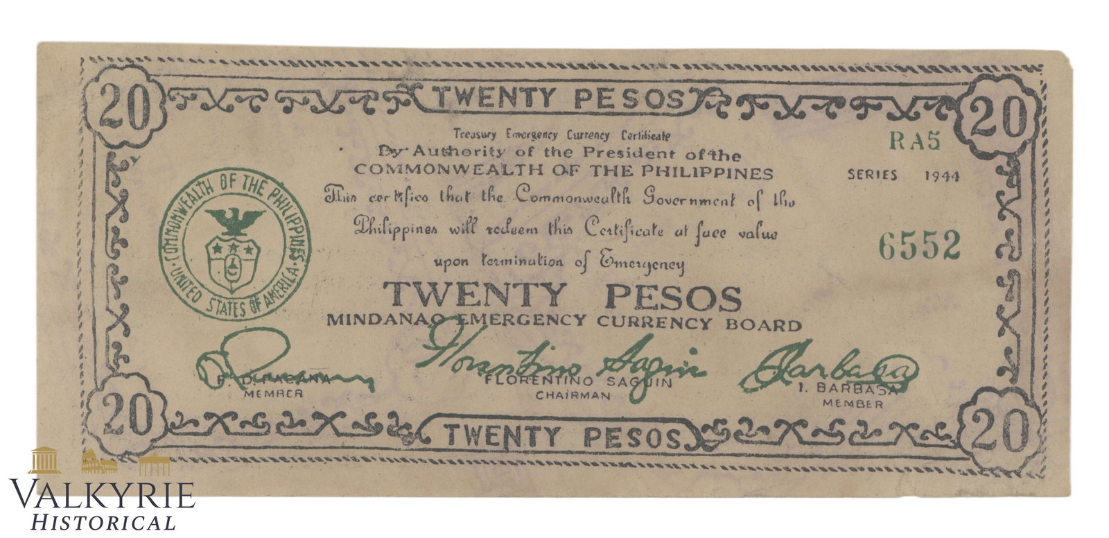 Philippines – Mindanao, 20 Pesos, 1944, Pick S528d, F: Philippines – Mindanao, 20 Pesos, 1944, Pick S528d, F .Shipping flat cost $25 it doesn't matter how many items you win. you pay just $25 for shipping.