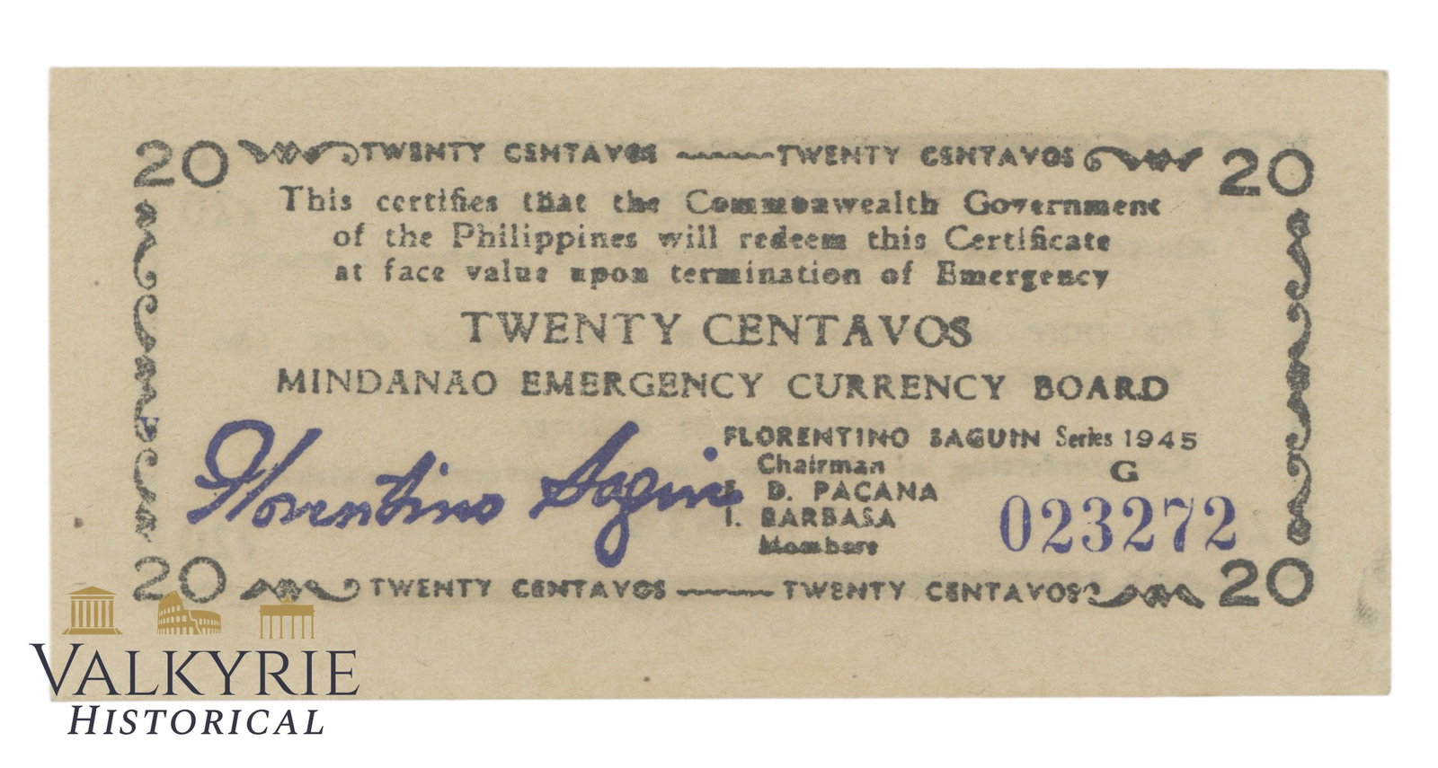 Philippines – Mindanao, 20 Centavos, 1945, Pick S533, XF/EF: Philippines – Mindanao, 20 Centavos, 1945, Pick S533, XF/EF Shipping flat cost $25 it doesn't matter how many items you win. you pay just $25 for shipping.