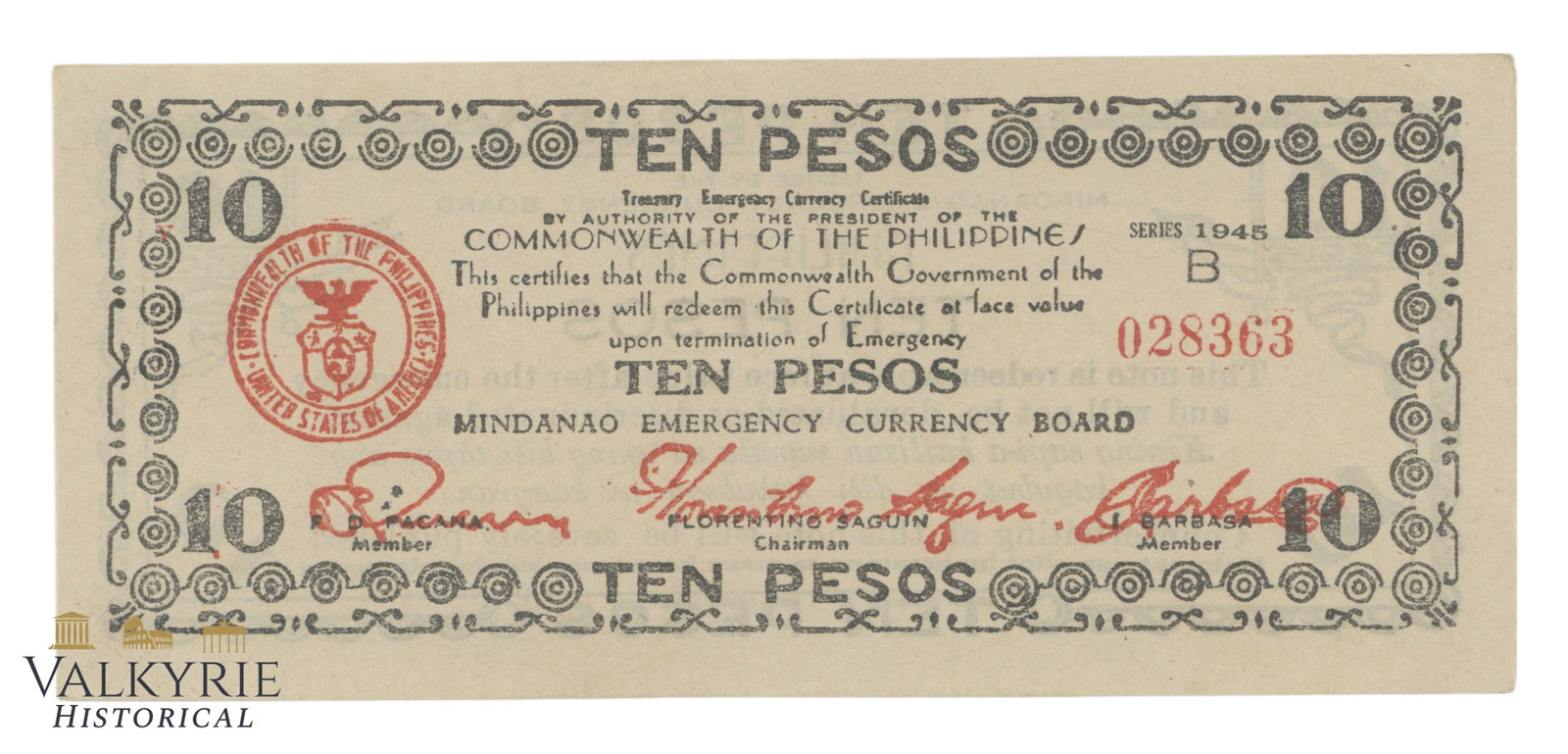Philippines – Mindanao, 10 Pesos, 1945, Pick S538, XF/EF (1 of 2)