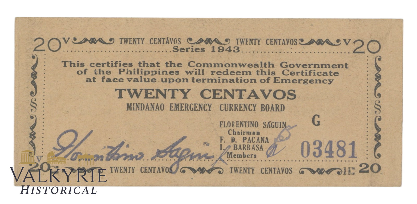 Philippines – Mindanao, 20 centavos, 1943, Pick S483a, XF/EF: Philippines – Mindanao, 20 centavos, 1943, Pick S483a, XF/EF . Shipping flat cost $25 it doesn't matter how many items you win. you pay just $25 for shipping.