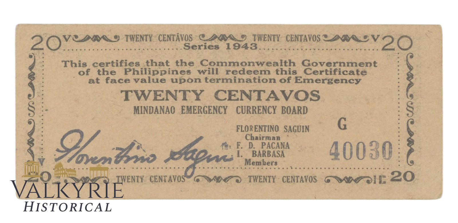Philippines – Mindanao, 20 centavos, 1943, Pick S483b, XF/EF-: Philippines – Mindanao, 20 centavos, 1943, Pick S483b, XF/EF- .Shipping flat cost $25 it doesn't matter how many items you win. you pay just $25 for shipping.