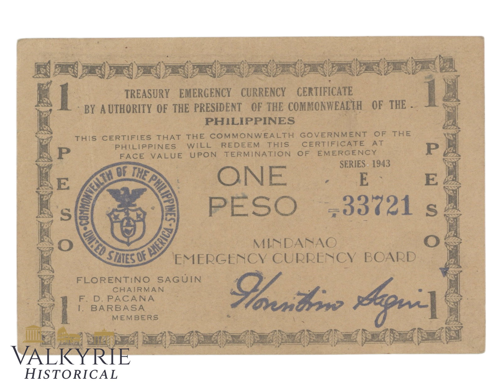 Philippines – Mindanao, 1 Peso, 1943, Pick S485a, VF: Philippines – Mindanao, 1 Peso, 1943, Pick S485a, VF.Shipping flat cost $25 it doesn't matter how many items you win. you pay just $25 for shipping.