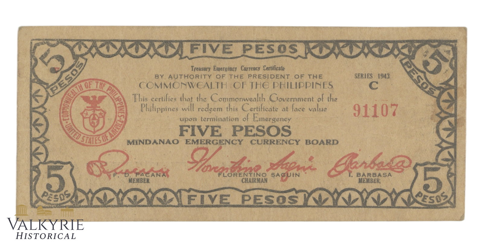 Philippines – Mindanao, 5 Pesos, 1943, Pick S487f, F (1 of 2)