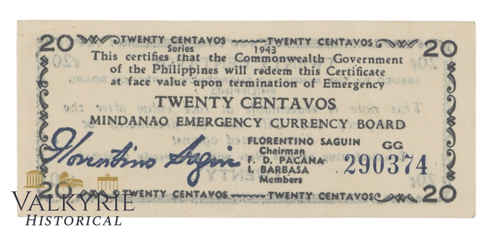 Philippines – Mindanao, 20 Centavos, 1943, Pick S493, XF/EF: Philippines – Mindanao, 20 Centavos, 1943, Pick S493, XF/EF. Shipping flat cost $25 it doesn't matter how many items you win. you pay just $25 for shipping.