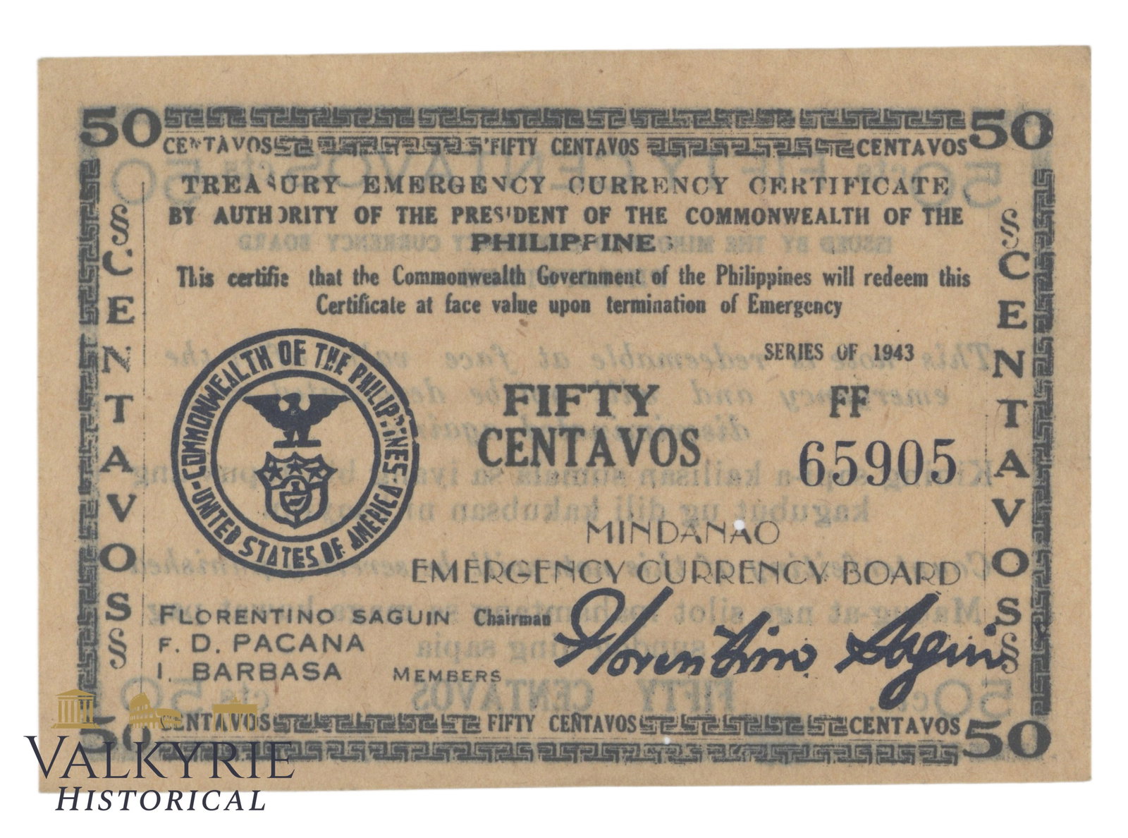 Philippines – Mindanao, 50 Centavos, 1943, Pick S494, XF/EF: Philippines – Mindanao, 50 Centavos, 1943, Pick S494, XF/EF. Shipping flat cost $25 it doesn't matter how many items you win. you pay just $25 for shipping.