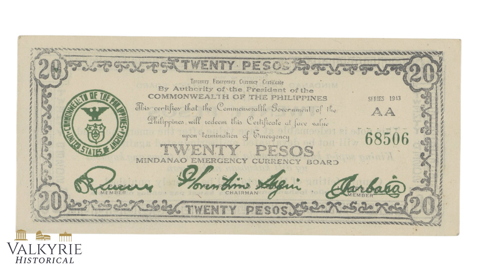 Philippines – Mindanao, 20 Pesos, 1943, Pick S499, XF/EF: Philippines – Mindanao, 20 Pesos, 1943, Pick S499, XF/EF. Shipping flat cost $25 it doesn't matter how many items you win. you pay just $25 for shipping.