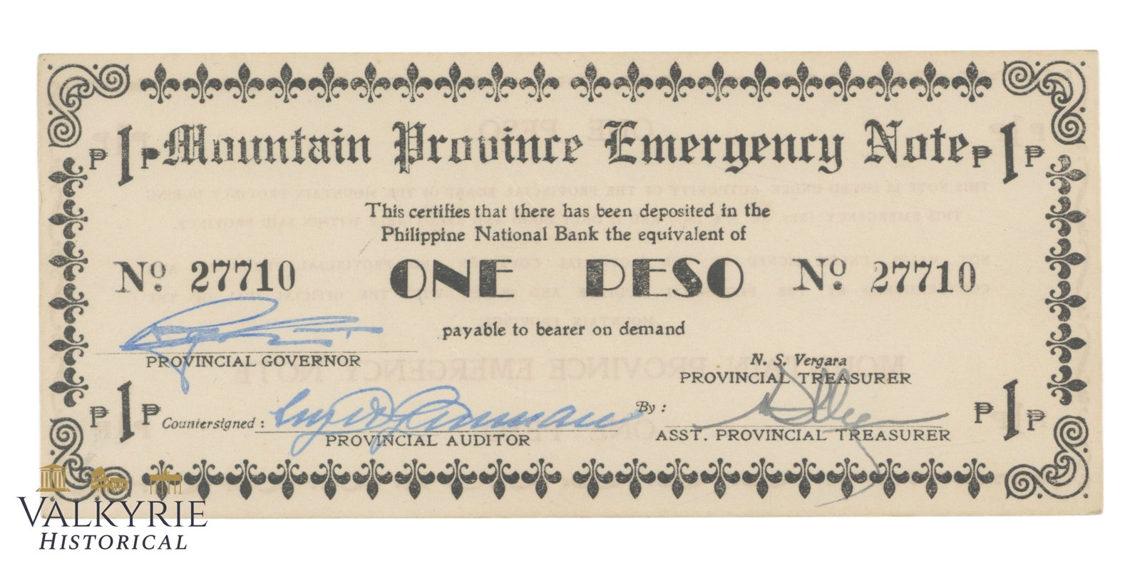 Philippines - Mountain Province, 1 Peso 1942, Pick S595b, AU: Philippines - Mountain Province, 1 Peso 1942, Pick S595b, AU. Shipping flat cost $25 it doesn't matter how many items you win. you pay just $25 for shipping.