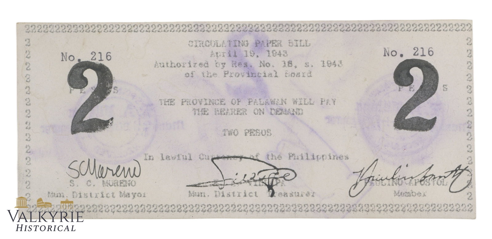 Philippines - Palawan - Brooke's Point, 2 Pesos 1943, Pick S915, XF/EF (1 of 2)