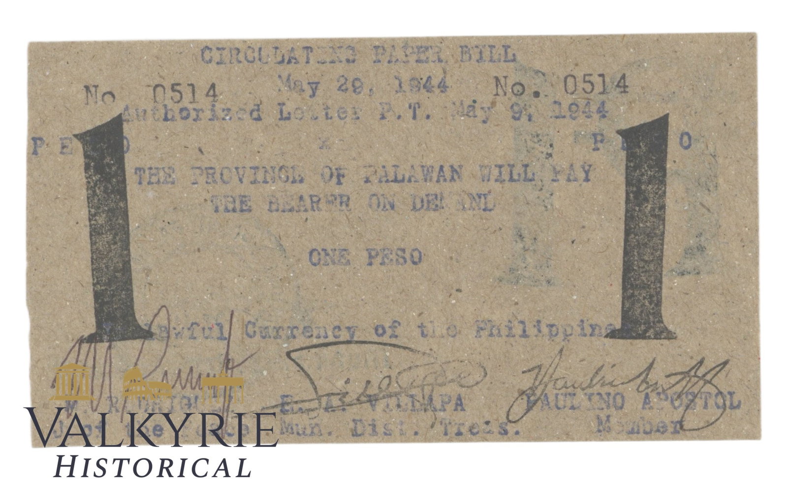 Philippines - Palawan - Brooke's Point, 1 Peso 1944, Pick S936, AU (1 of 2)