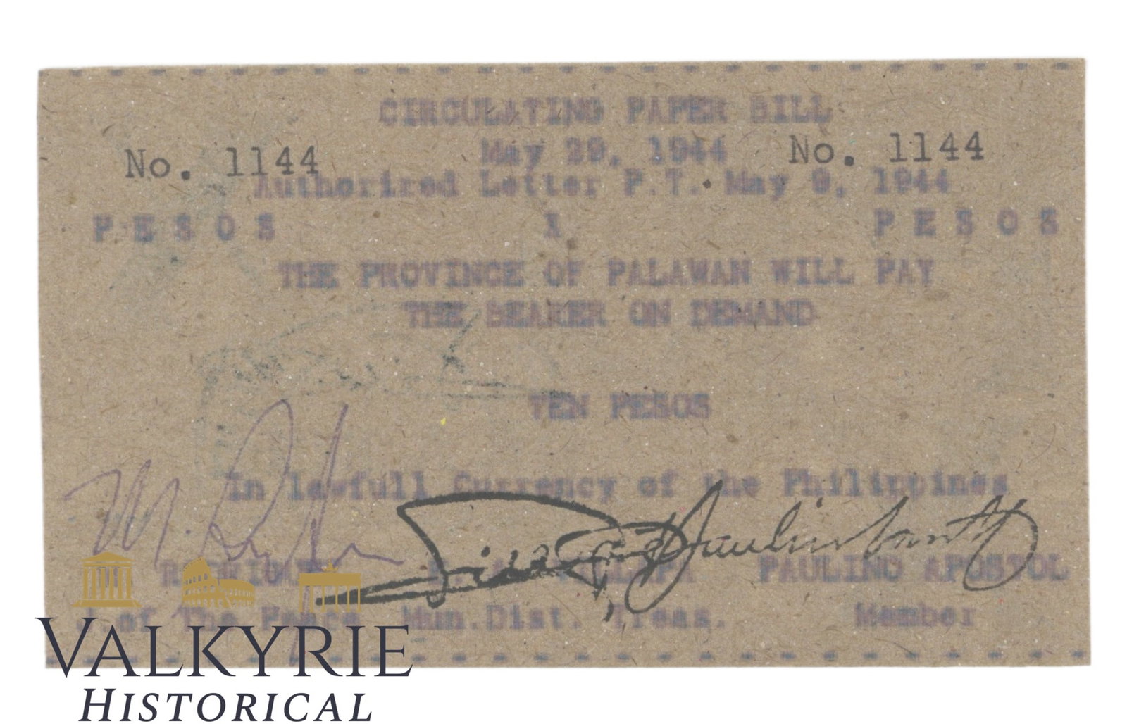 Philippines - Palawan - Brooke's Point, 10 Peso 1944, Pick SNL, AU-: Philippines - Palawan - Brooke's Point, 10 Peso 1944, Pick SNL, AU-. Shipping flat cost $25 it doesn't matter how many items you win. you pay just $25 for shipping.