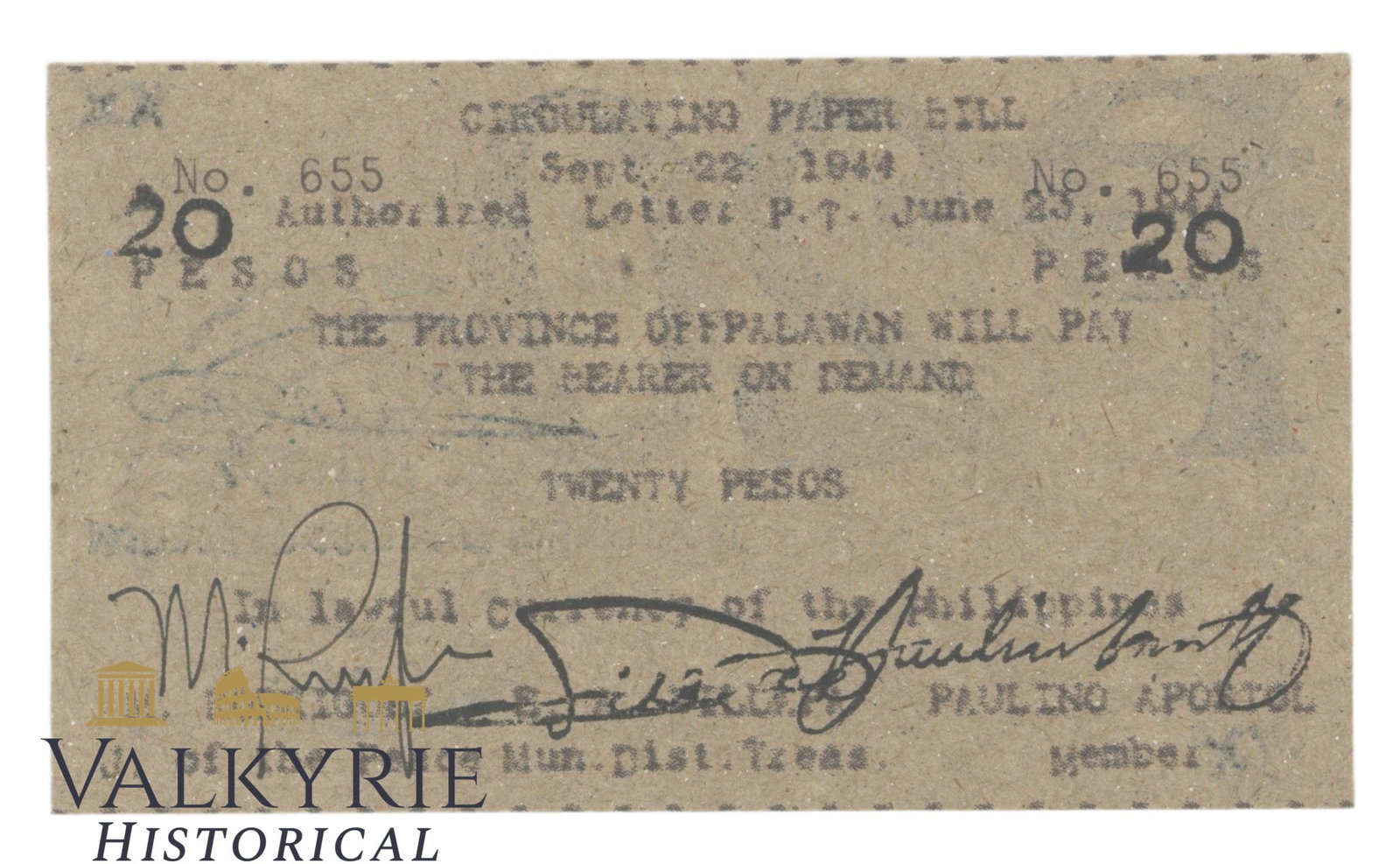 Philippines - Palawan - Brooke's Point, 20 Peso 1944, Pick S945, AU-: Philippines - Palawan - Brooke's Point, 20 Peso 1944, Pick S945, AU- . Shipping flat cost $25 it doesn't matter how many items you win. you pay just $25 for shipping.