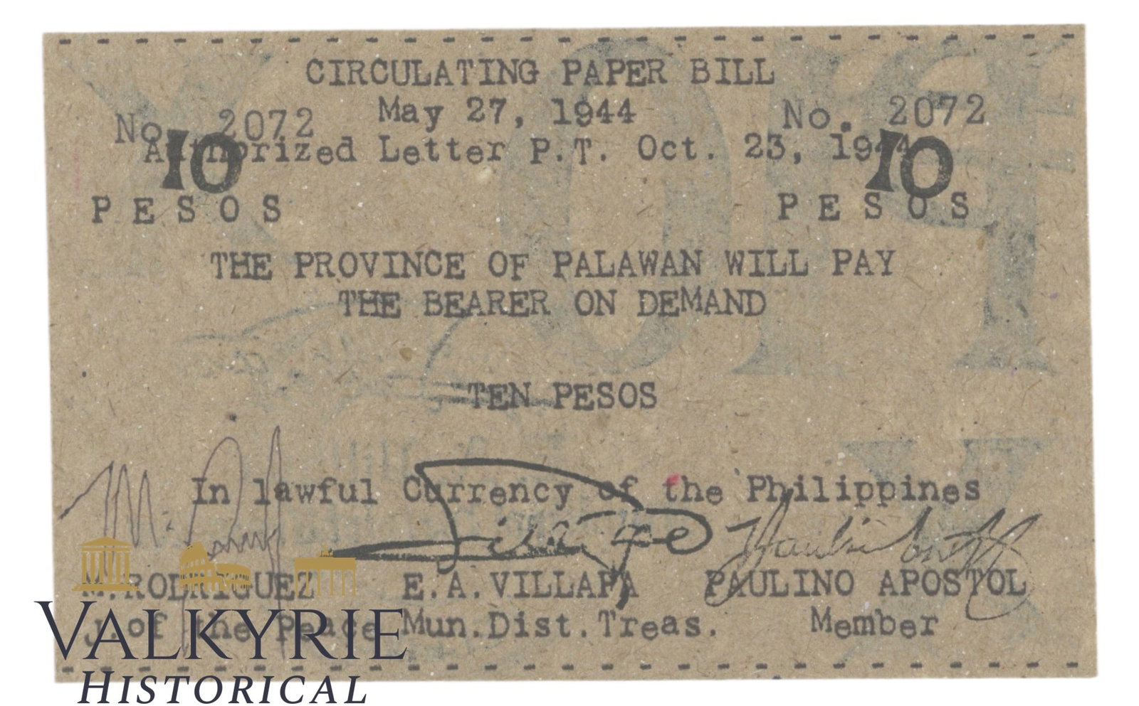 Philippines - Palawan - Brooke's Point, 10 Peso 1944, Pick S952, AU-: Philippines - Palawan - Brooke's Point, 10 Peso 1944, Pick S952, AU- . Shipping flat cost $25 it doesn't matter how many items you win. you pay just $25 for shipping.