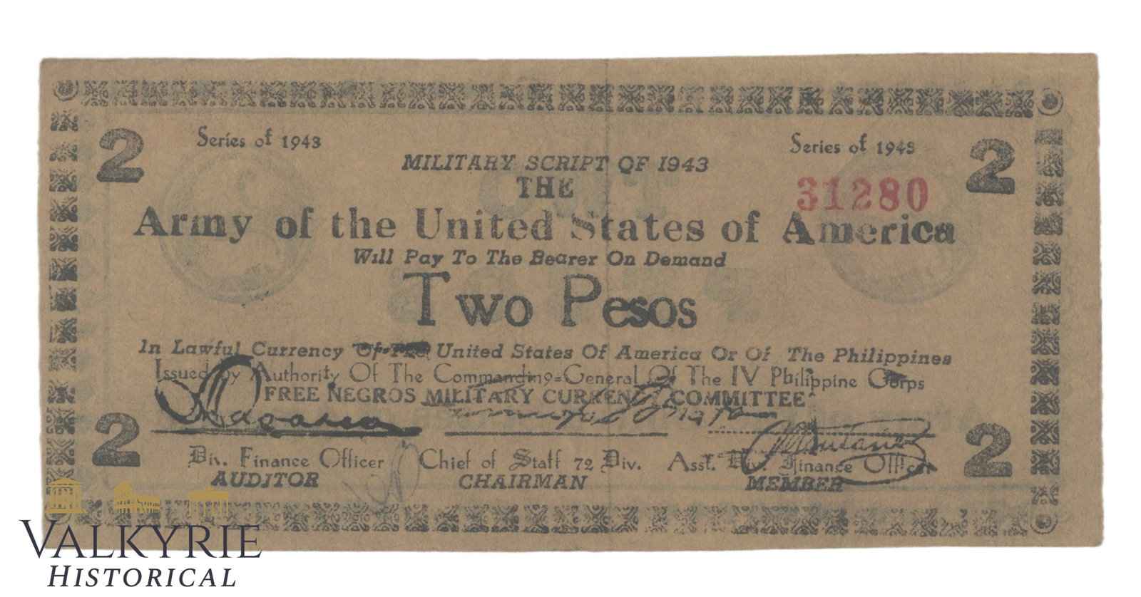 Philippines - Free Negros Military Currency Committee, 2 Pesos, 1943, Pick S711, XF/EF, (1 of 2)