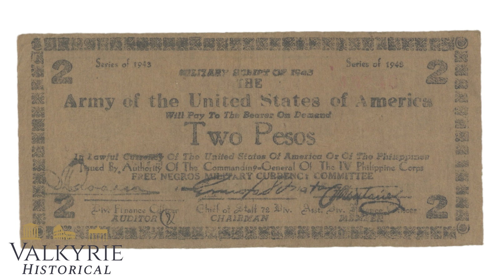 Philippines - Free Negros Military Currency Committee, 2 Pesos, 1943, Pick S711a, F, (1 of 2)