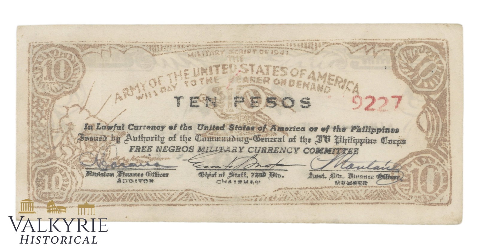 Philippines - Free Negros Military Currency Committee, 10 Pesos, 1943, Pick S713, XF/EF+,: Philippines - Free Negros Military Currency Committee, 10 Pesos, 1943, Pick S713, XF/EF+, Shipping flat cost $25 it doesn't matter how many items you win. you pay just $25 for shipping.