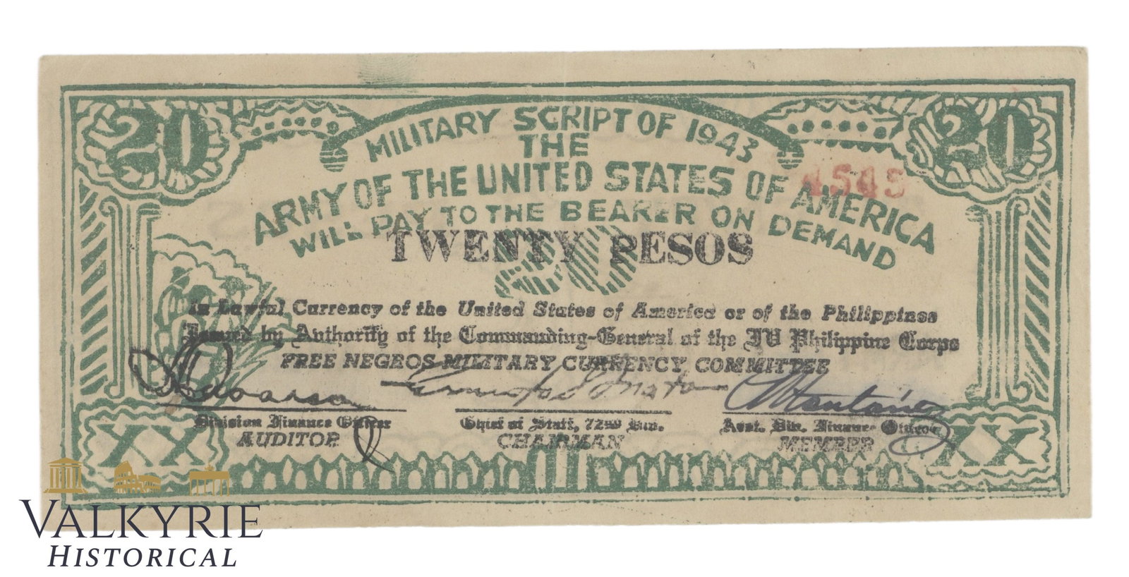 Philippines - Free Negros Military Currency Committee, 20 Pesos, 1943, Pick S714, AU,: Philippines - Free Negros Military Currency Committee, 20 Pesos, 1943, Pick S714, AU, Shipping flat cost $25 it doesn't matter how many items you win. you pay just $25 for shipping.