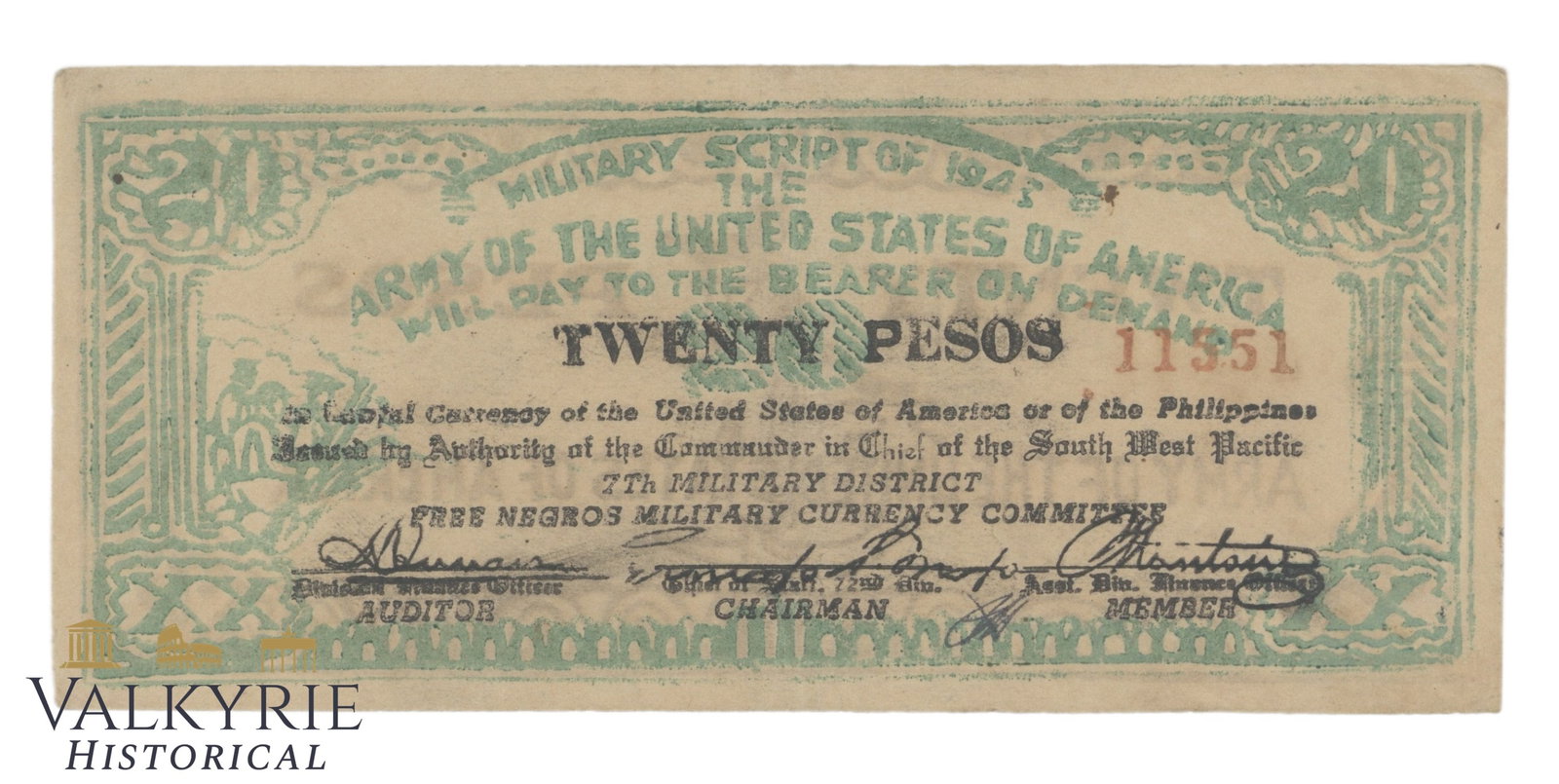 Philippines - Free Negros Military Currency Committee, 20 Pesos, 1943, Pick S716, XF/EF, (1 of 2)