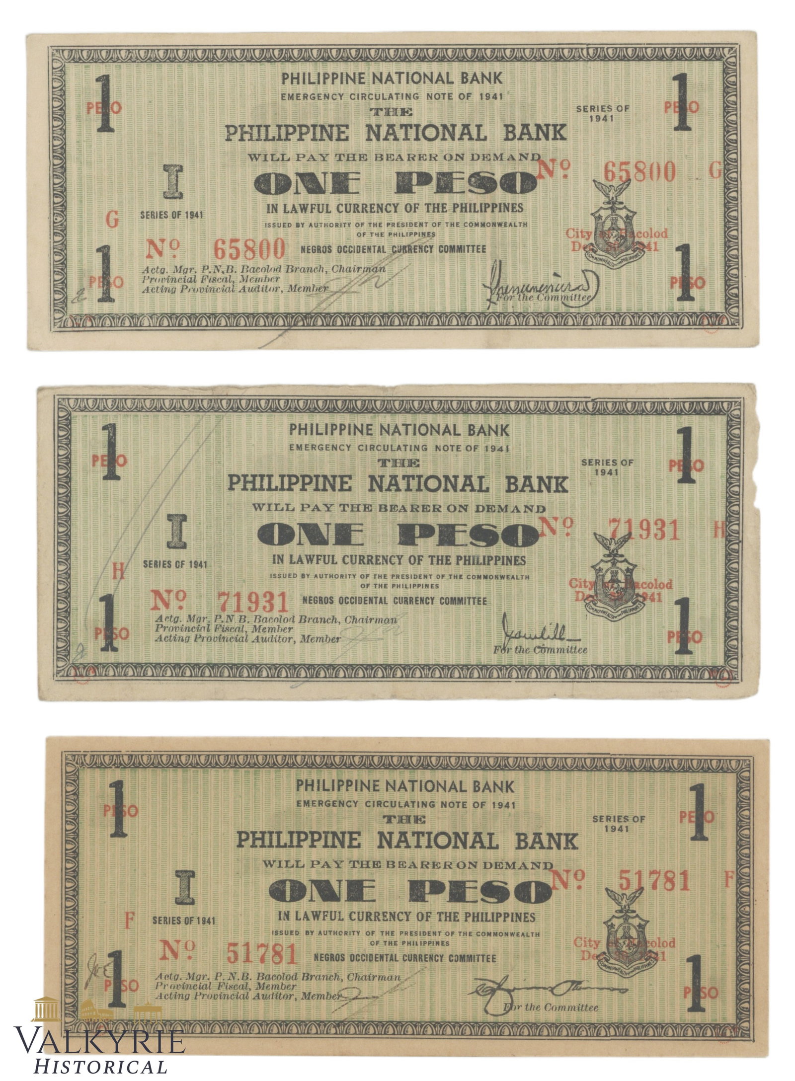 Philippines – Negros Occidental, 3 x 1 Pesos, 1941, Pick S614a, S614b, S614c Xf/EF - F, (1 of 2)