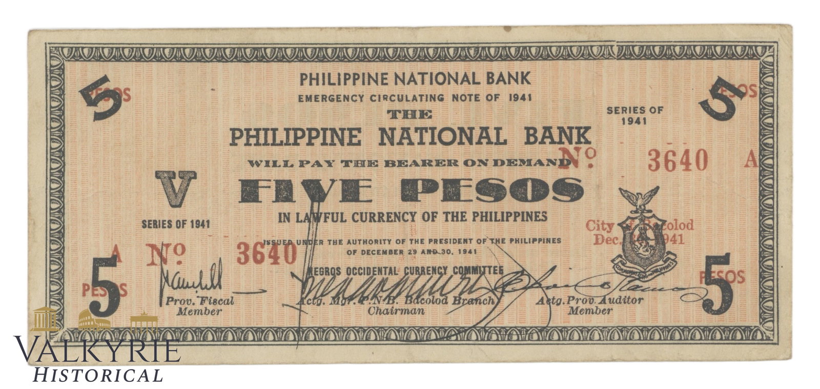 Philippines – Negros Occidental, 5 Pesos, 1941, Pick S613, F+, (1 of 2)