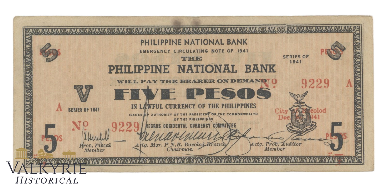 Philippines – Negros Occidental, 5 Pesos, 1941, Pick S614, F, (1 of 2)