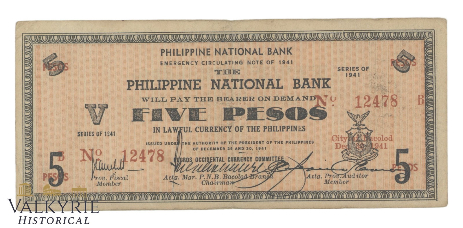 Philippines – Negros Occidental, 5 Pesos, 1941, Pick S615, (1 of 2)