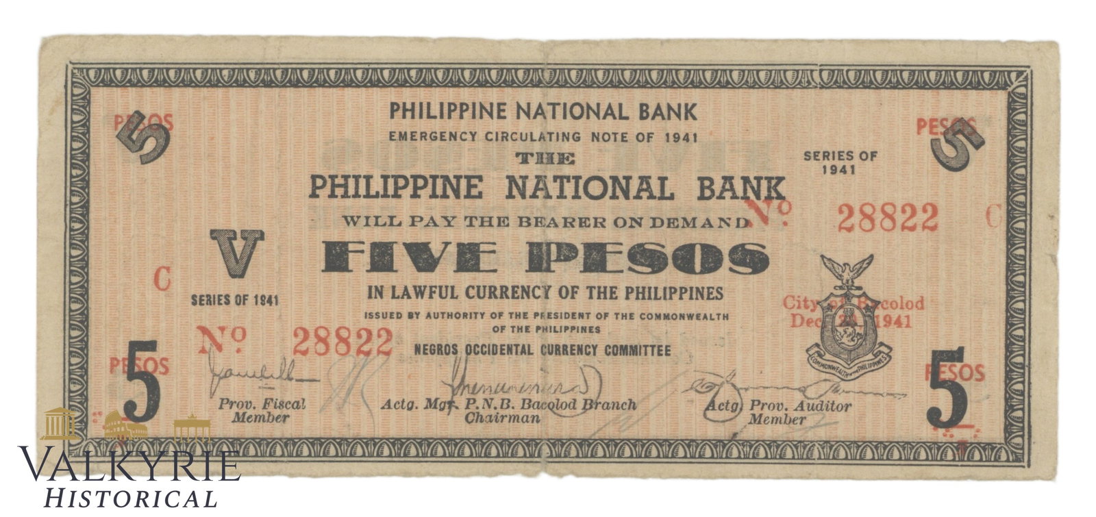 Philippines – Negros Occidental, 5 Pesos, 1941, Pick S616, F, (1 of 2)