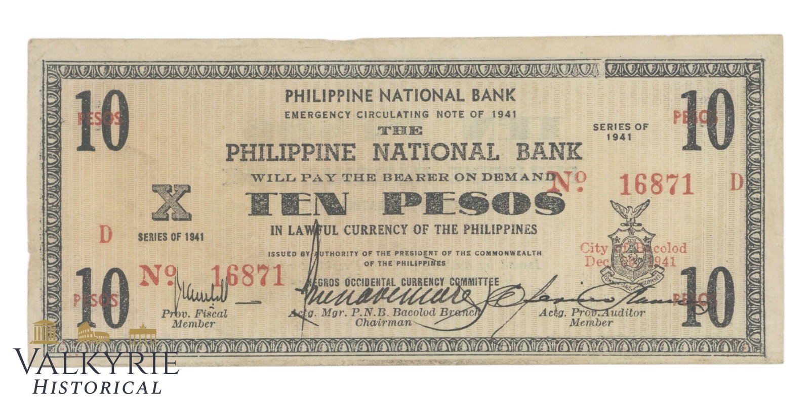 Philippines – Negros Occidental, 10 Pesos, 1941, Pick S618, XF/EF, (1 of 2)