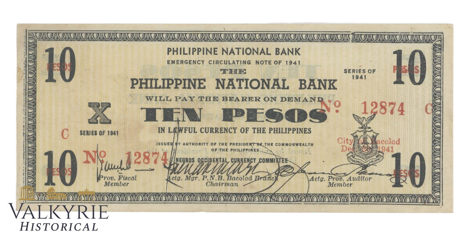 Philippines – Negros Occidental, 10 Pesos, 1941, Pick S619, XF/EF+, (1 of 2)