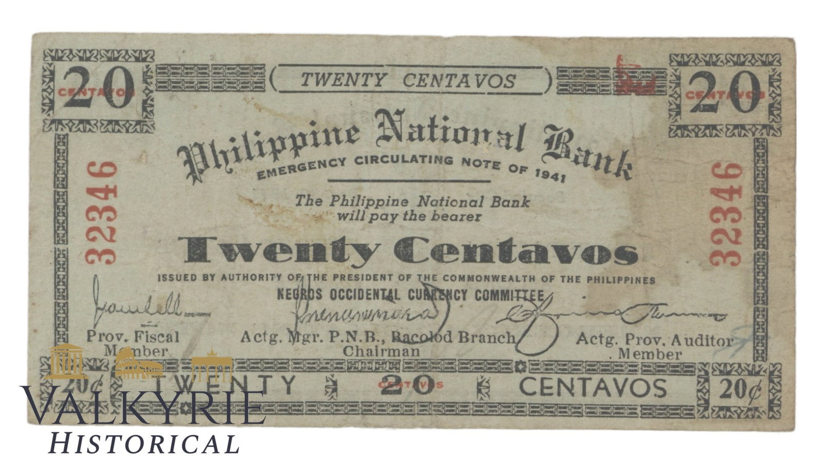 Philippines – Negros Occidental, 20 Centavos, 1941, Pick S622a, F, (1 of 2)