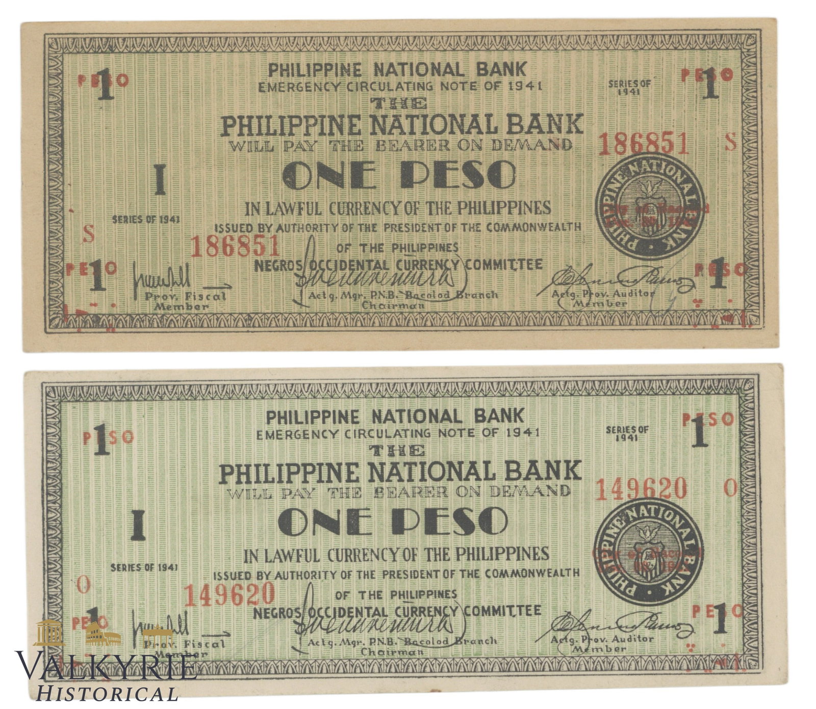 Philippines – Negros Occidental, 2 x 1 Peso, 1941, Pick S624a, S624b F, (1 of 2)
