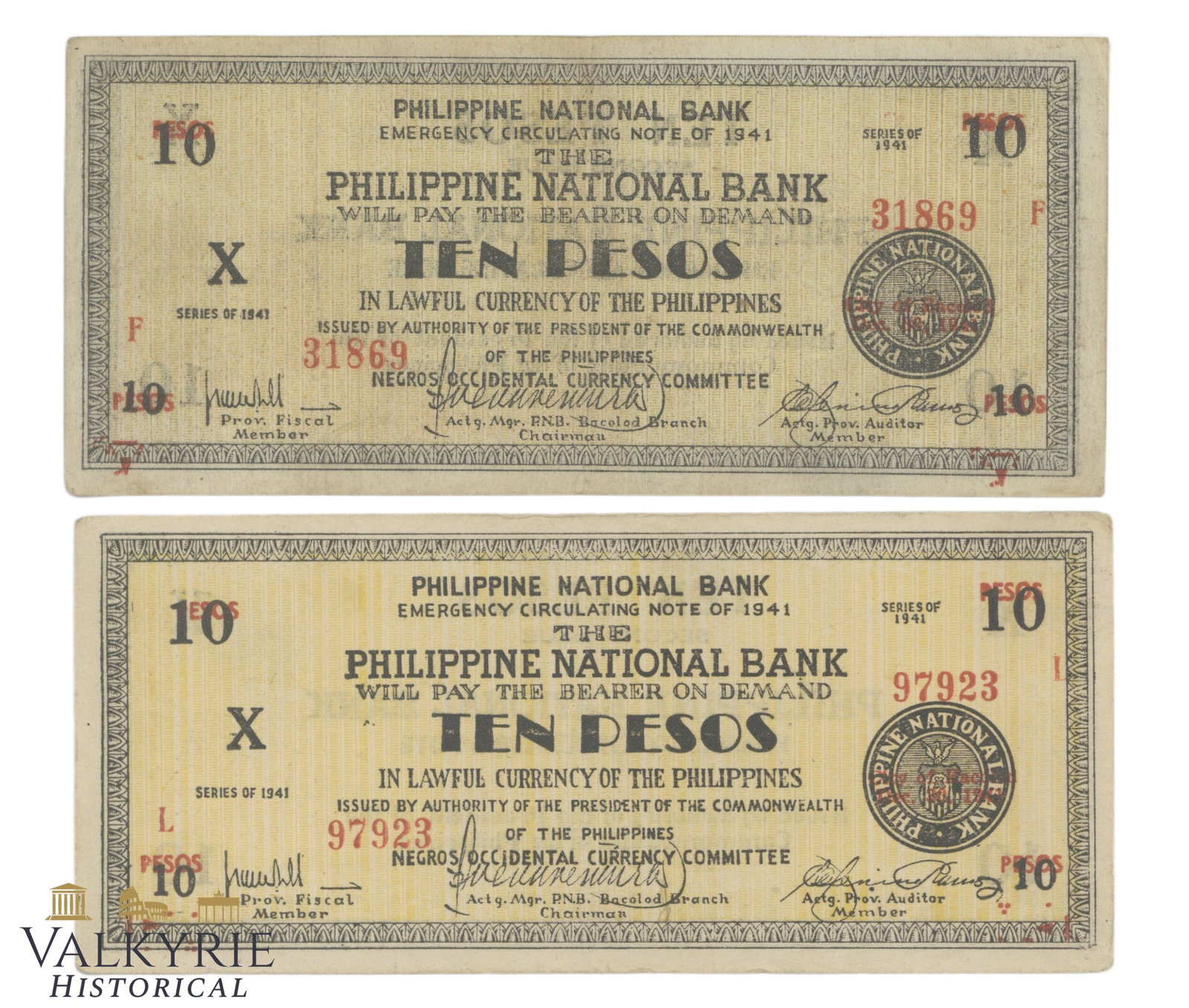 Philippines – Negros Occidental, 2 x 10 Pesos, 1941, Pick S627a, S627b F,: Philippines – Negros Occidental, 2 x 10 Pesos, 1941, Pick S627a, S627b F, Shipping flat cost $25 it doesn't matter how many items you win. you pay just $25 for shipping.