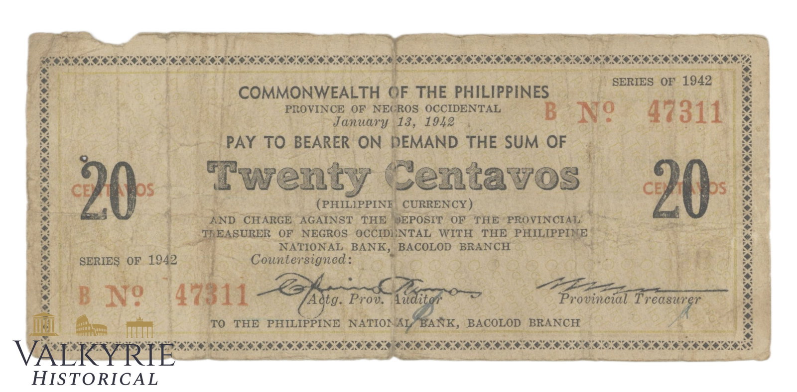 Philippines – Negros Occidental, 20 Centavos, 1942, Pick S630, VG (1 of 2)