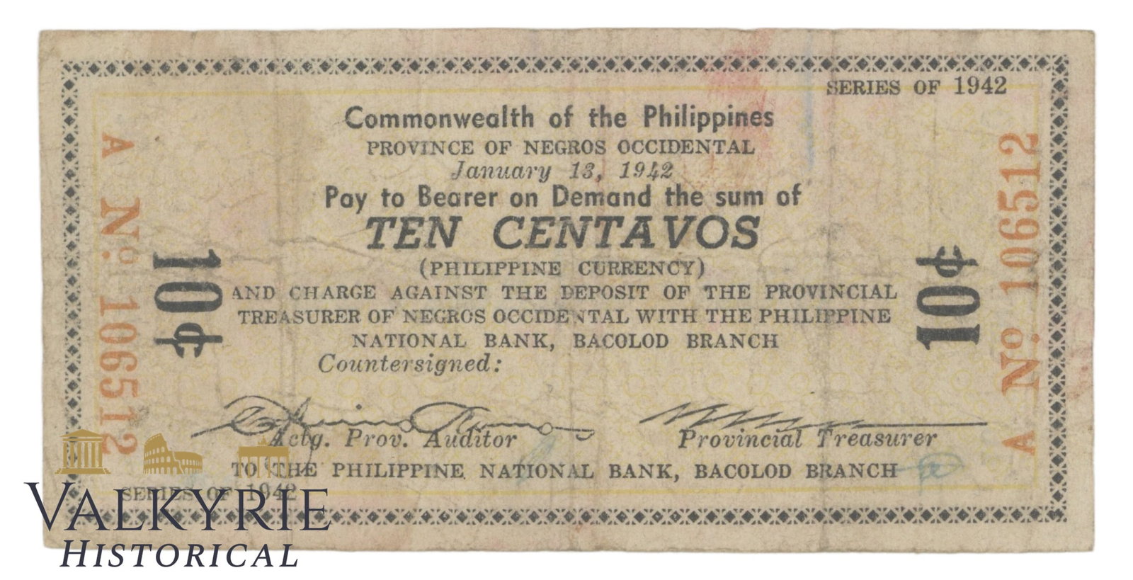Philippines – Negros Occidental, 10 Centavos, 1942, Pick S631, VG,: Philippines – Negros Occidental, 10 Centavos, 1942, Pick S631, VG, Shipping flat cost $25 it doesn't matter how many items you win. you pay just $25 for shipping.