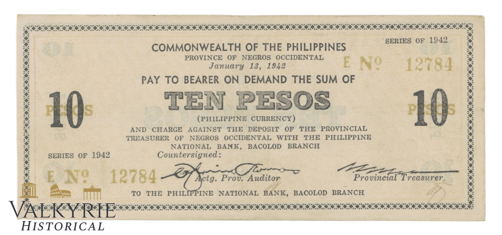 Philippines – Negros Occidental, 10 Pesos, 1942, Pick S639, VG,: Philippines – Negros Occidental, 10 Pesos, 1942, Pick S639, VG, Shipping flat cost $25 it doesn't matter how many items you win. you pay just $25 for shipping.