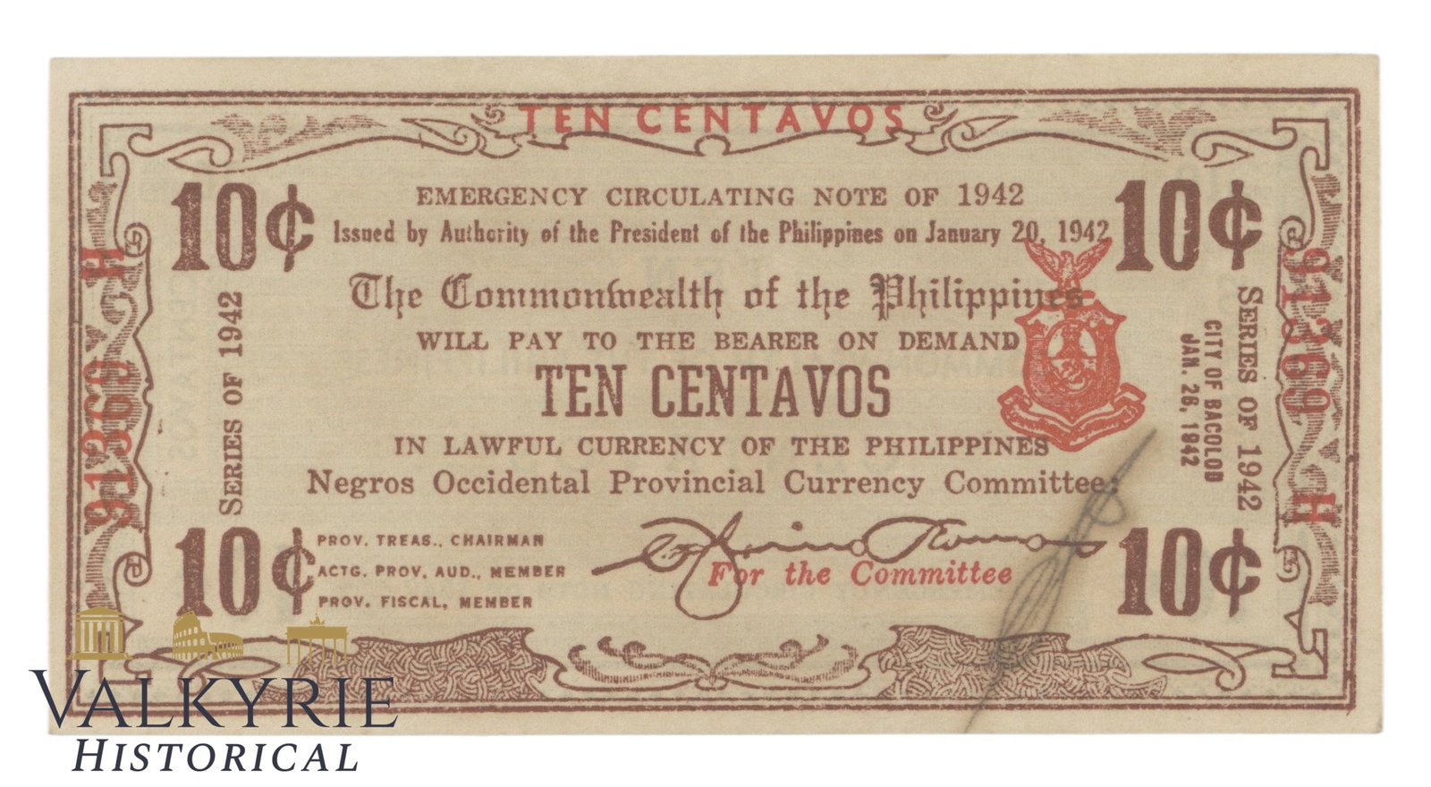 Philippines – Negros Occidental, 10 Centavos, 1942, Pick S643a, XF/EF, (1 of 2)