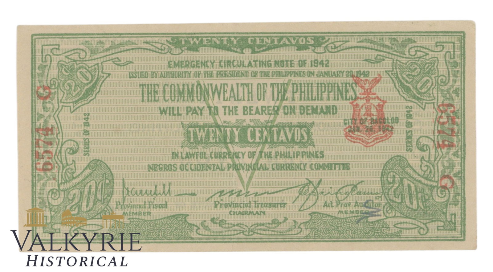 Philippines – Negros Occidental, 20 Centavos, 1942, Pick S644, XF/EF+, (1 of 2)