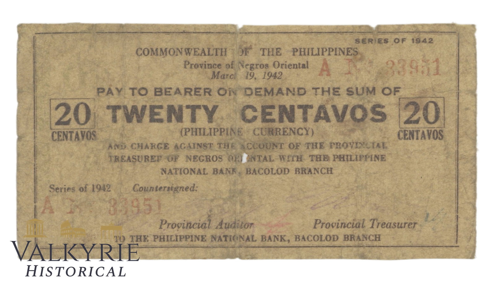 Philippines – Negros Oriental, 20 Centavos, 1942, Pick S653, VG,: Philippines – Negros Oriental, 20 Centavos, 1942, Pick S653, VG, Shipping flat cost $25 it doesn't matter how many items you win. you pay just $25 for shipping.