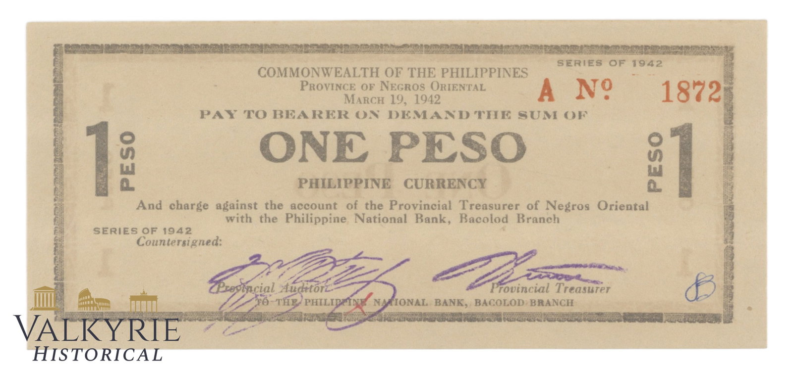Philippines – Negros Oriental, 1 Peso, 1942, Pick S654b, AU-: Philippines – Negros Oriental, 1 Peso, 1942, Pick S654b, AU- Shipping flat cost $25 it doesn't matter how many items you win. you pay just $25 for shipping.