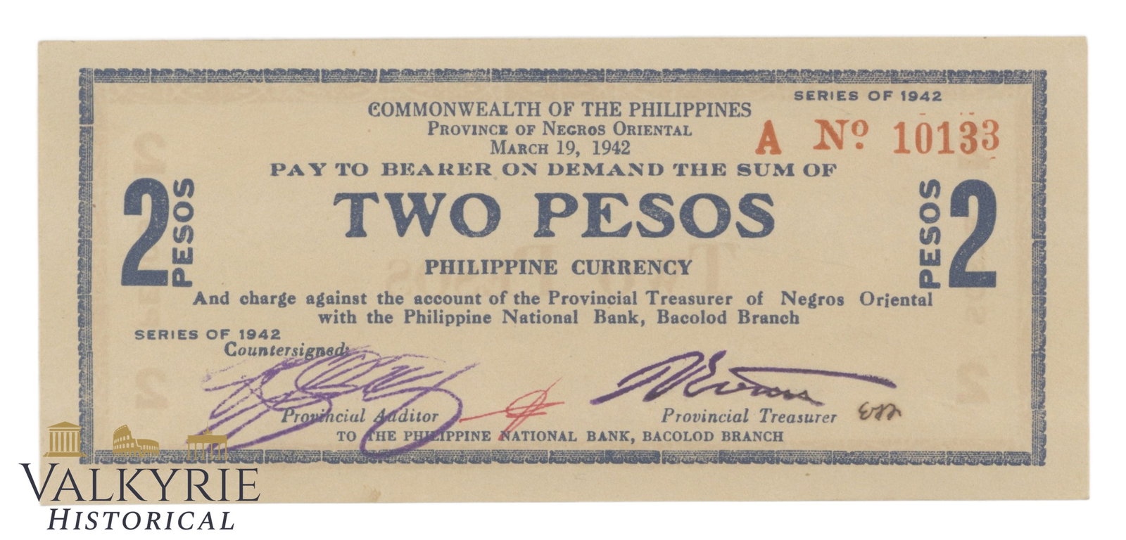 Philippines – Negros Oriental, 2 Pesos, 1942, Pick S655a, AU-: Philippines – Negros Oriental, 2 Pesos, 1942, Pick S655a, AU- Shipping flat cost $25 it doesn't matter how many items you win. you pay just $25 for shipping.
