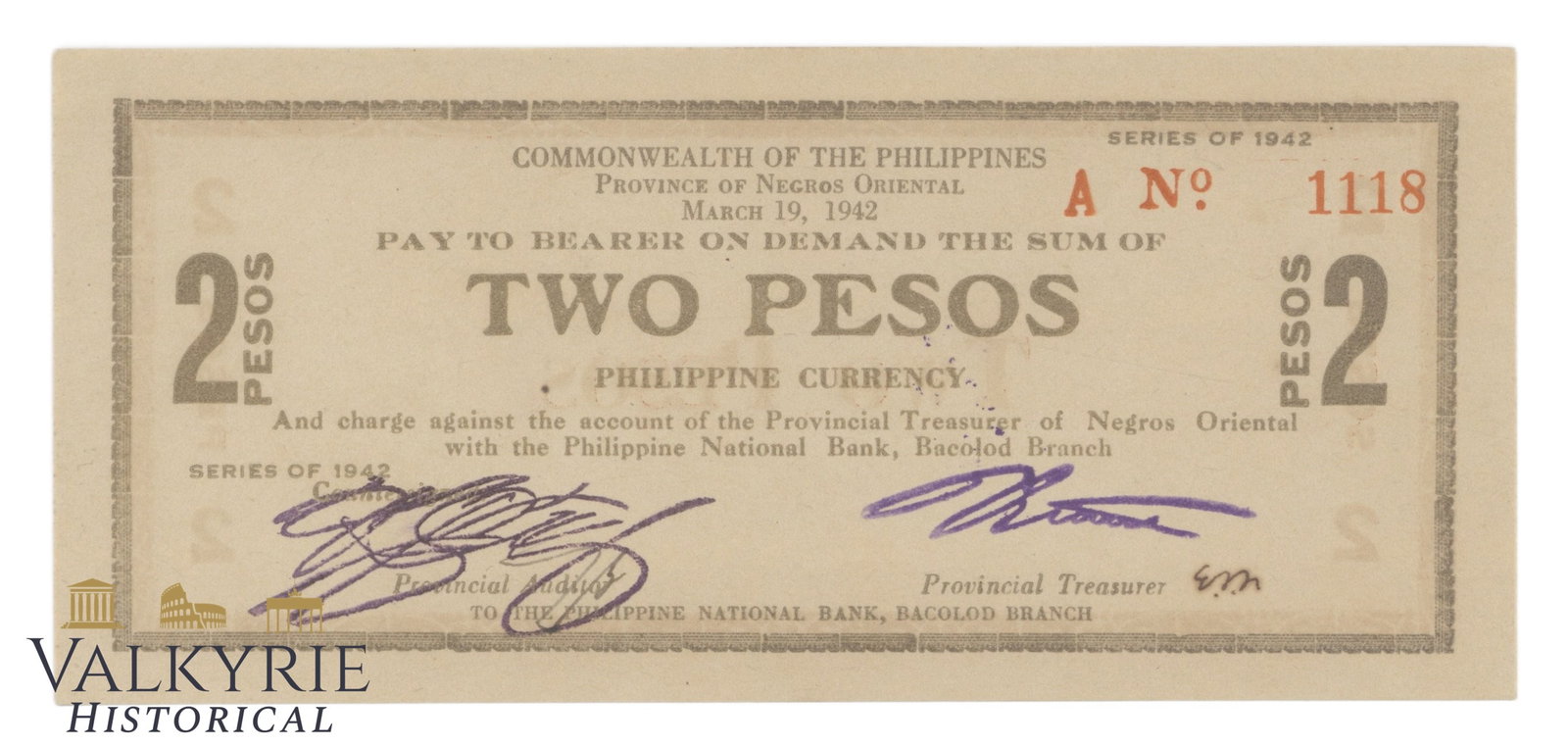 Philippines – Negros Oriental, 2 Pesos, 1942, Pick S655b, AU- (1 of 2)