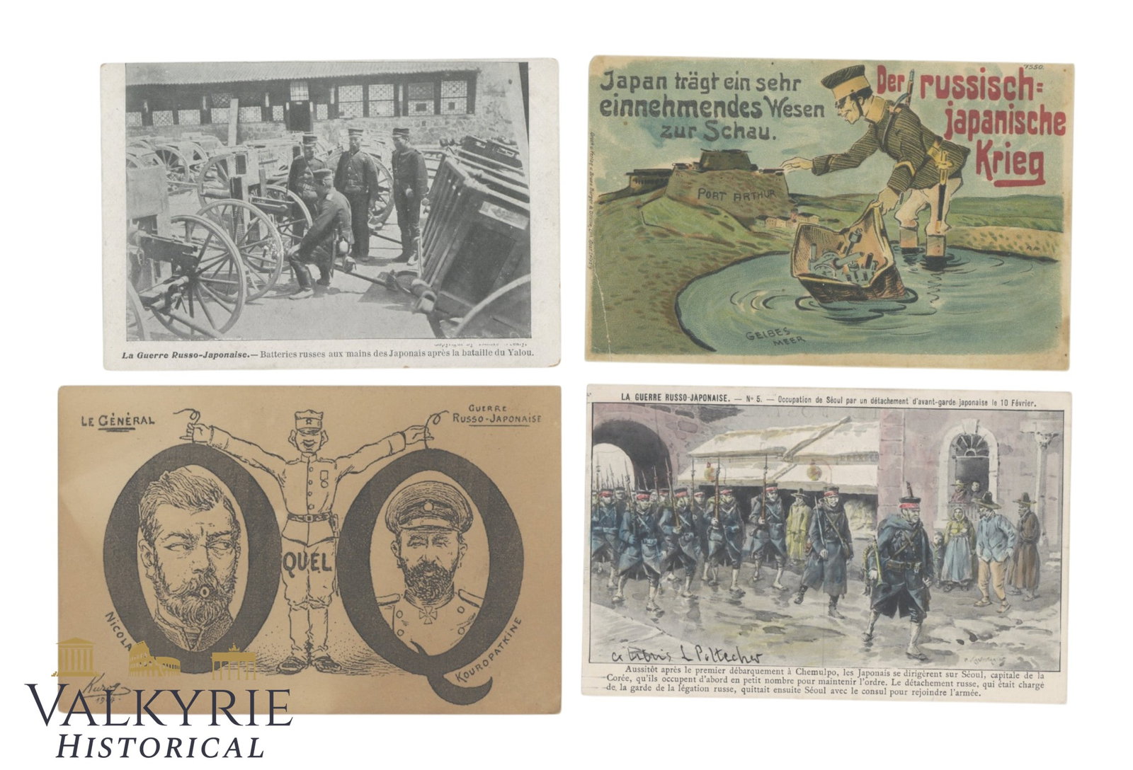4 Postcards from the Russo-Japanese War 1904-1905.: 4 Postcards from the Russo-Japanese War depicting both Russians and Japanese. Unwritten and unsent, period 1904-1905. One postcard shows Port Arthur (now Lushunkou, Dalian, China); one shows Tsar Nico