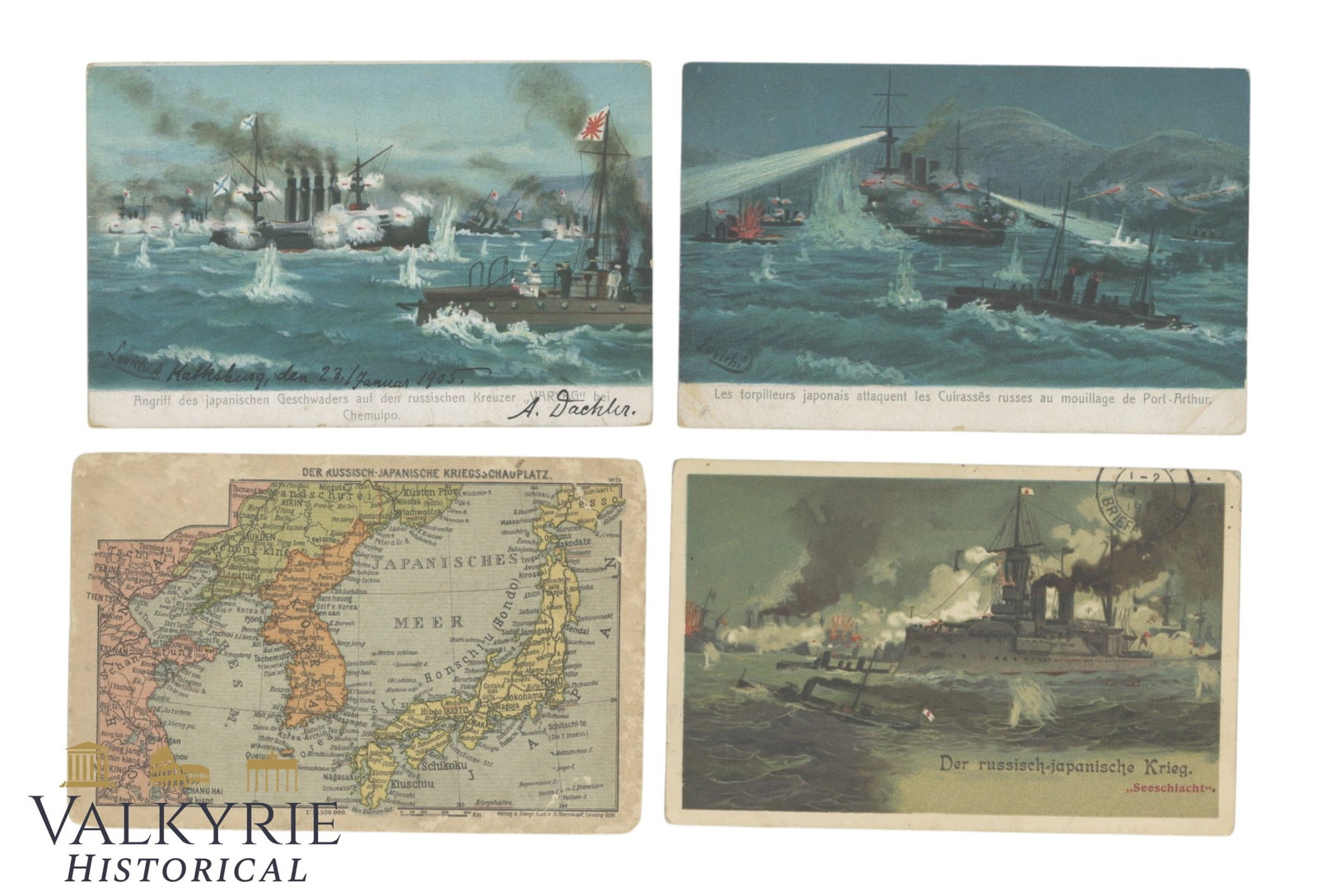 4 Postcards from the Russo-Japanese War, 1904-1905.: 4 Postcards from the Russo-Japanese War depicting both Russian and Japanese troops. Three written and posted, 1904-1905. Naval battles near Port Arthur (now Lushunkou, Dalian, China). A very interesti