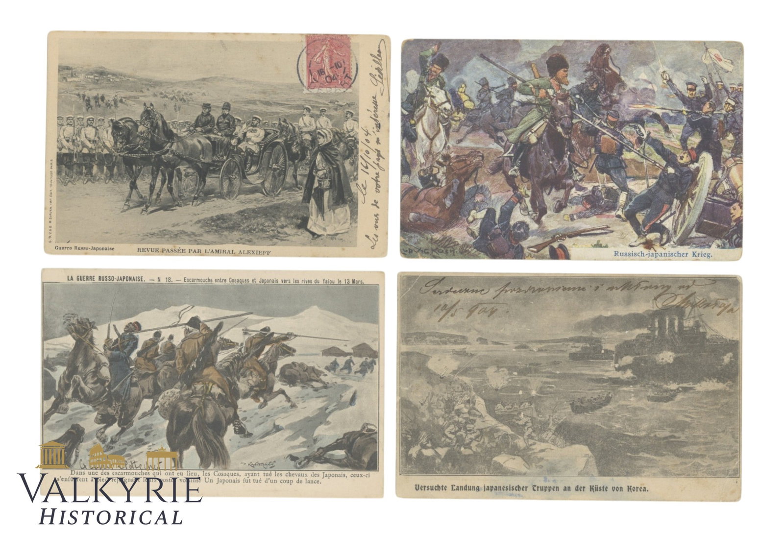 4 Postcards from the Russo-Japanese War, 1904-1905.: 4 Postcards from the Russo-Japanese War. Two written and one posted, 1904-1905. Japanese troops landing in Korea, two depict the charge of Russian troops, and one depicts Admiral Yevgeny Alexeyev. Shi